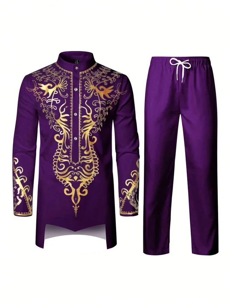 Robe Musulmane Motif Impression Noir Blanc Jaune Bleu Marine Pantalon À Manches Longues La Robe Traditionnelle des Hommes Arabes 3D