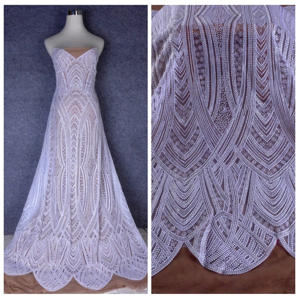 HelluyerDC Off-white,Pure white  beading lace fabric,125cm width incline lace for fashion,wedding,evening,dance gown by the yard