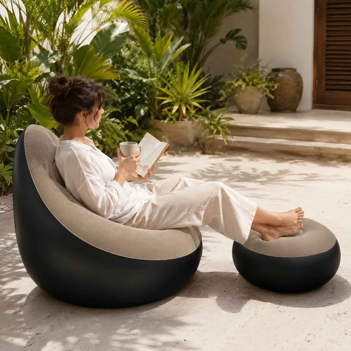 1PC Inflatable Lounge Chair for Adults, Folding Portable Lazy Sofa with Foot Stool Lazy Flocking Recliner Chair Air Couch Sofa image 4