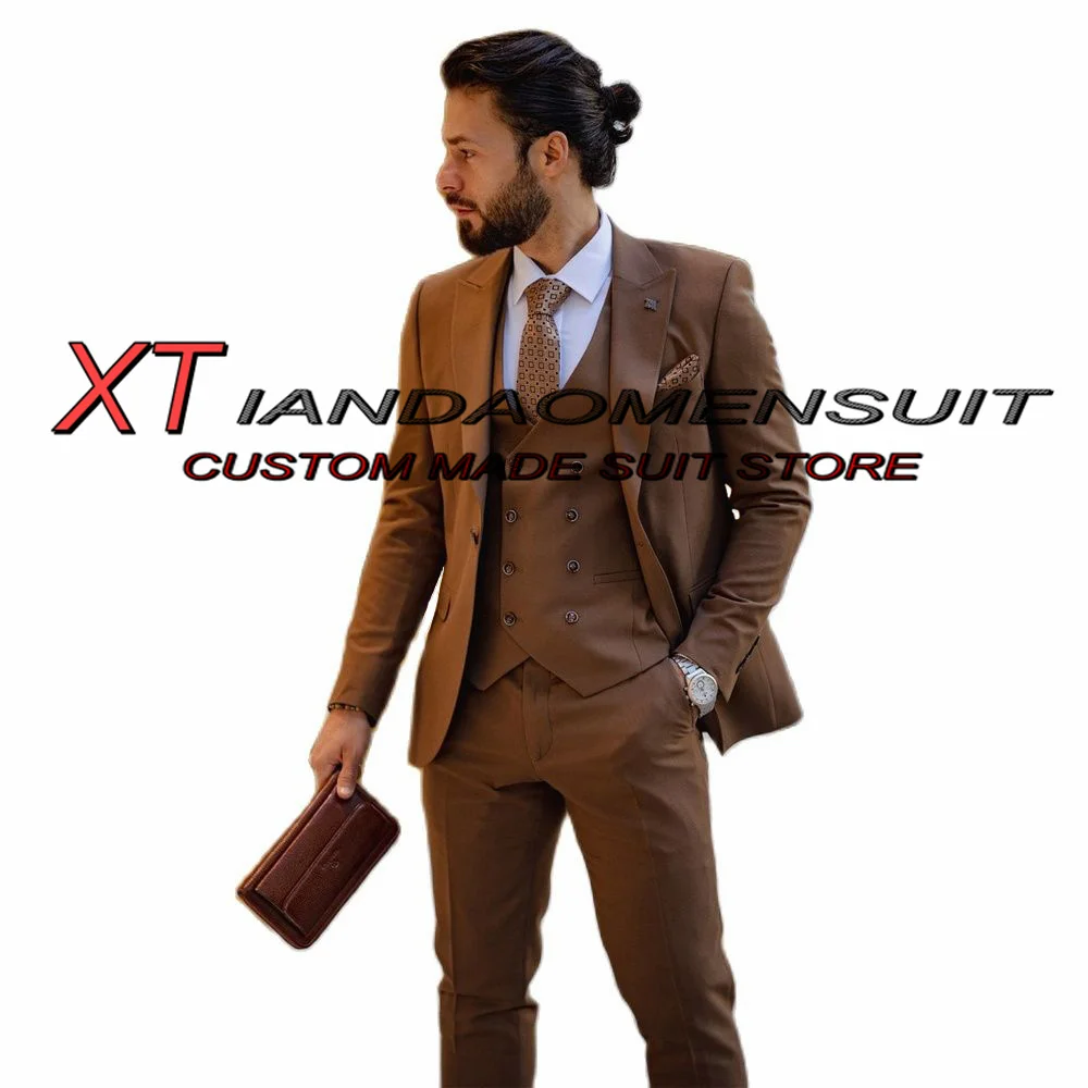 Brown Men\'s Suit 3 Piece Business Formal Workwear Tuxedo Wedding Groom Jacket Pants Vest Male Blazer