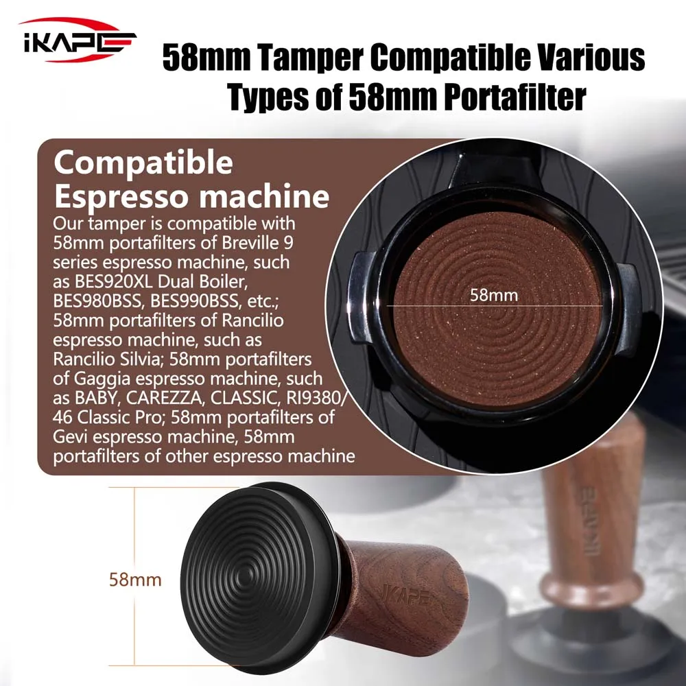 IKAPE Coffee Wooden Tamper V3, Espresso Walnut Tamper with Calibrated Spring Loaded And Titanium PVD Coating Base Fit 51/54/58mm