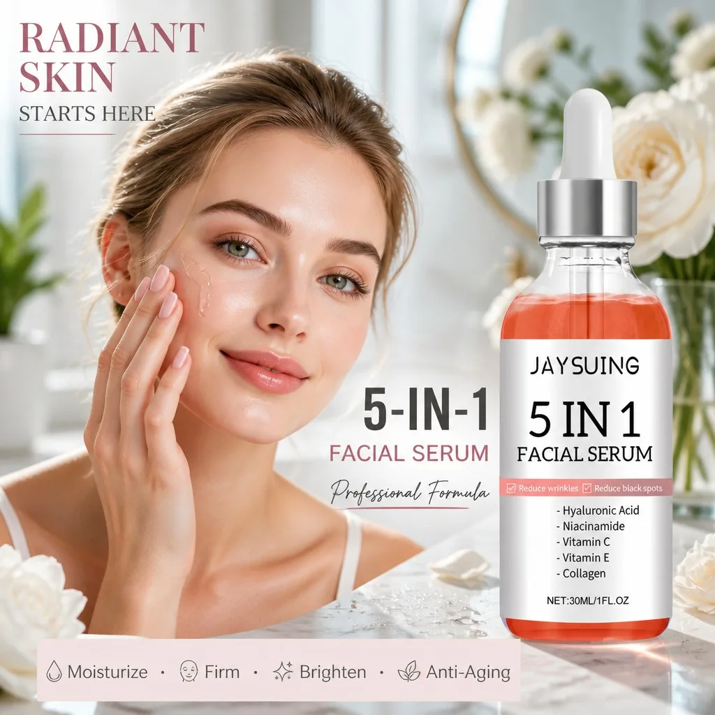 Sérum Facial JAYSUING 5 em 1 com Ácido Hialurônico, Niacinamida, Vitamina C, Colágeno, Hidratante, Clareador, Cuidado com Manchas Escuras e Poros, 30m