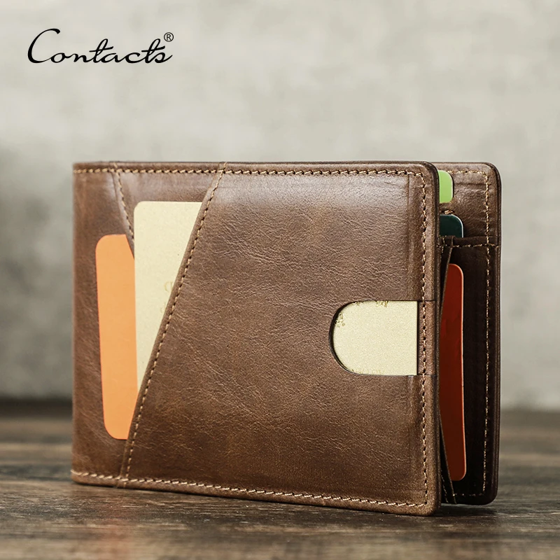 

CONTACT'S Genuine Leather Men Wallet Slim Money Clip RFID Ultra-thin Card Holder Wallet Bifold Vintage Male Purse High Quality