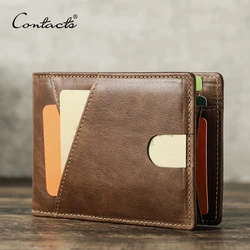 CONTACT'S Genuine Leather Men Wallet Slim Money Clip RFID Ultra-thin Card Holder Wallet Bifold Vintage Male Purse High Quality