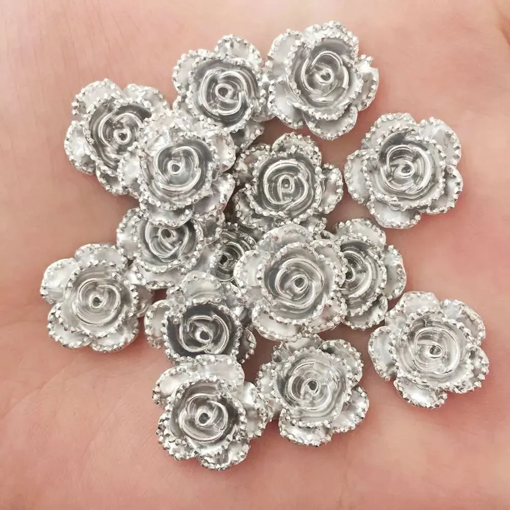 60 sztuk 14mm żywica srebrna róża Flatback kwiat z kamienia księga gości ozdoby ślubne aplikacja do robótek DIY — zdjęcie 2