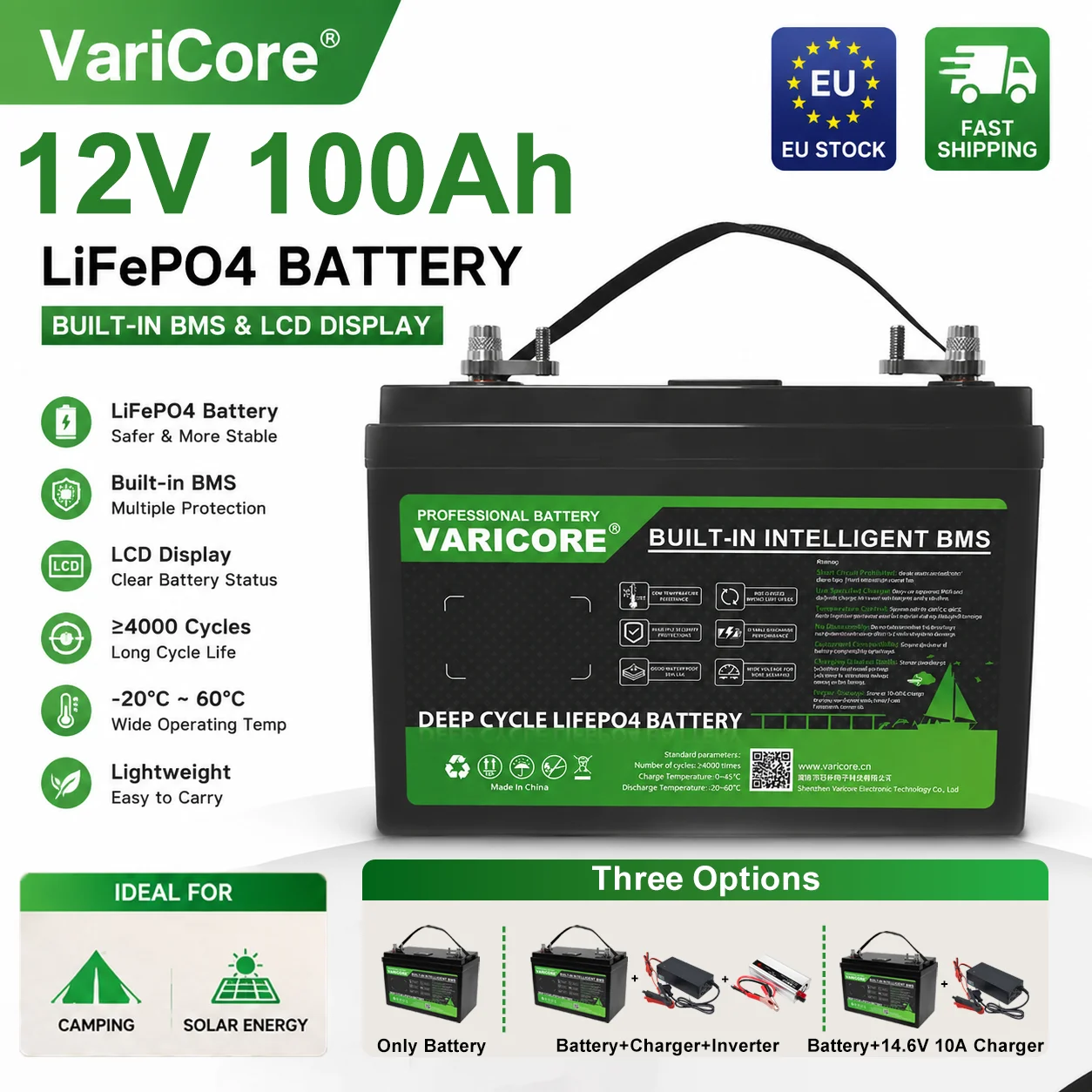 Batterie LiFePO4 rechargeable 12V 100Ah + chargeur 14.6V 10A + onduleur, batterie grande capacité à longue durée de vie, vente en gros sans droits de douane UE, stock UE, livraison rapide, pour camping, camping-car, énergie solaire...