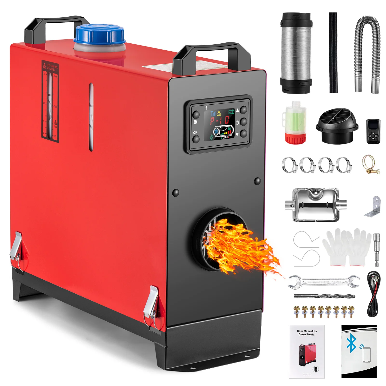 5KW/8KW légfűtő 12V 24V parkolóhely piros héjú LCD kijelzős autófűtő lakókocsikhoz, buszokhoz, dízel ventilátoros fűtőberendezés