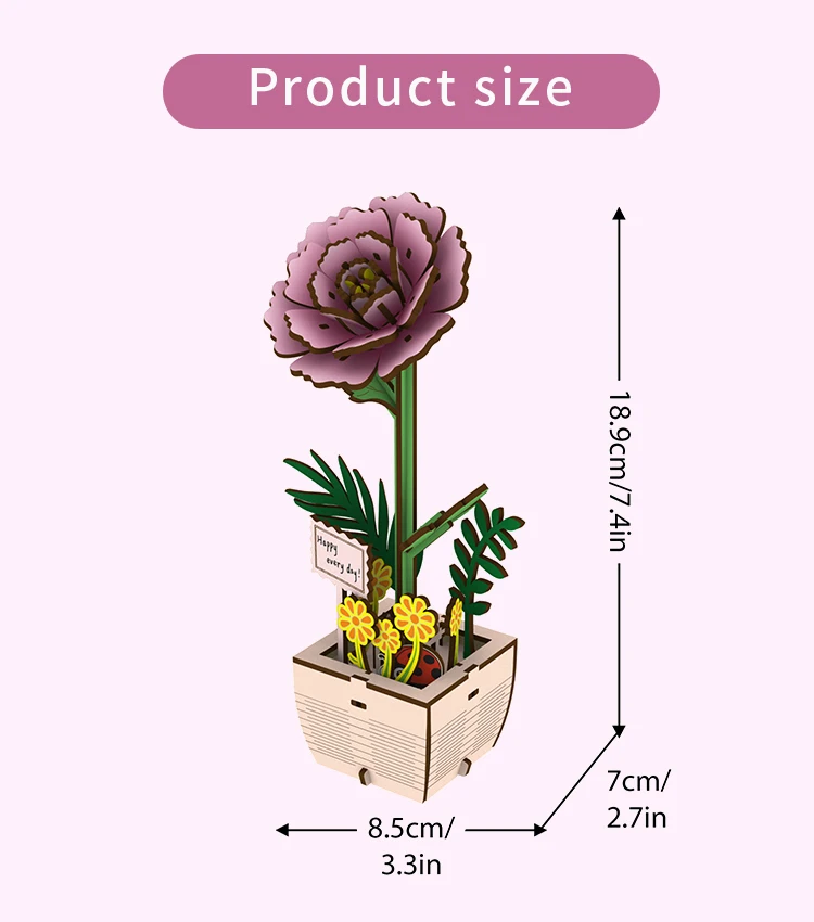 1pc Wooden Peony Flower,Assembled Wooden Flower Pot Plant,Suitable for Home Decoration Arrangement,Holiday New Year  Gift