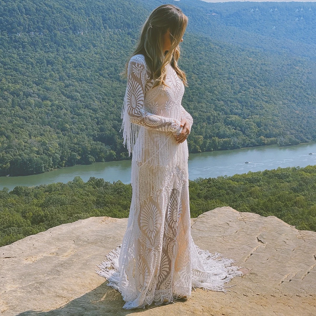 Long Sleeves Full Lace Boat Neck Mermaid Wedding Dress Customized Tassels Illusion Fringed Boho Beach Real Photos Bridal Gowns