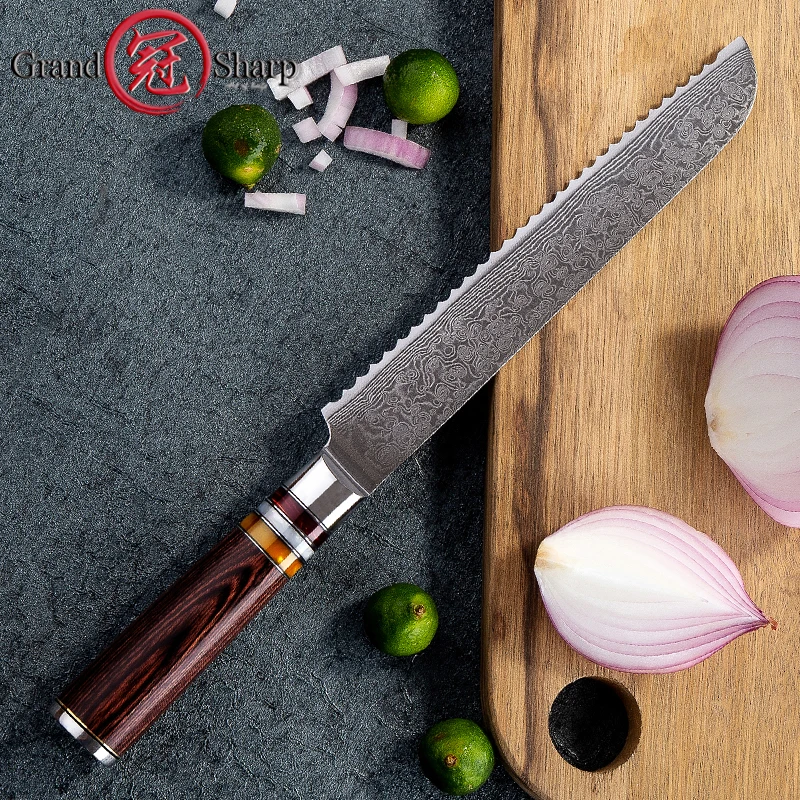 Damascus Kitchen Knives vg10 Japanese Damascus Steel Bread Knife Cake Slicing Bakery Tools Serrated Stainless Damascus Blade NEW