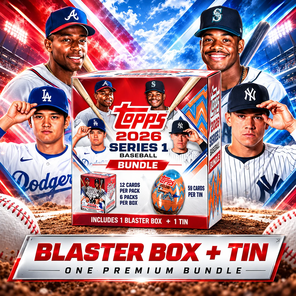 2026 Topps Series 1 Baseball Blaster Box With 2026 Topps Series 1 Baseball Tin, 131 Cards Total, MLB Trading Cards, Spring Training Parallels And Holiday Variations