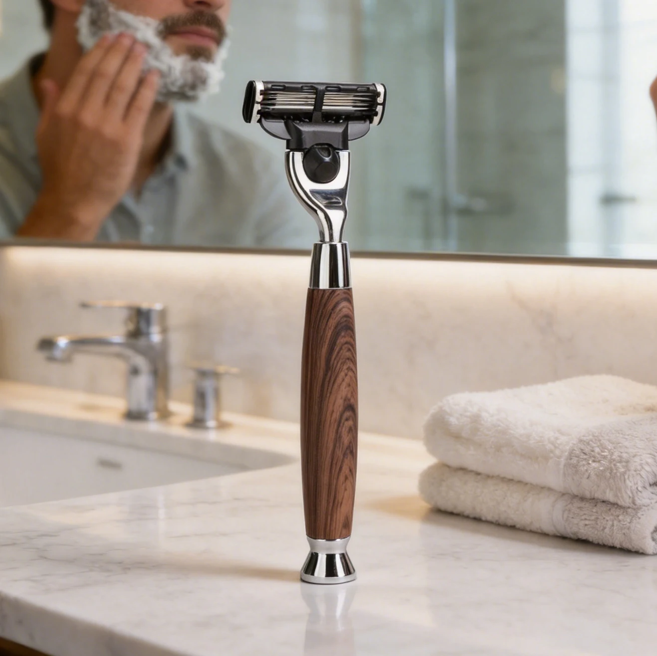 

iRAZOR Men's Shaving Razor Mach 3 Compatible with Aluminium Wood Grain Handle Beard Grooming Kit Birthday Father's Day Gift