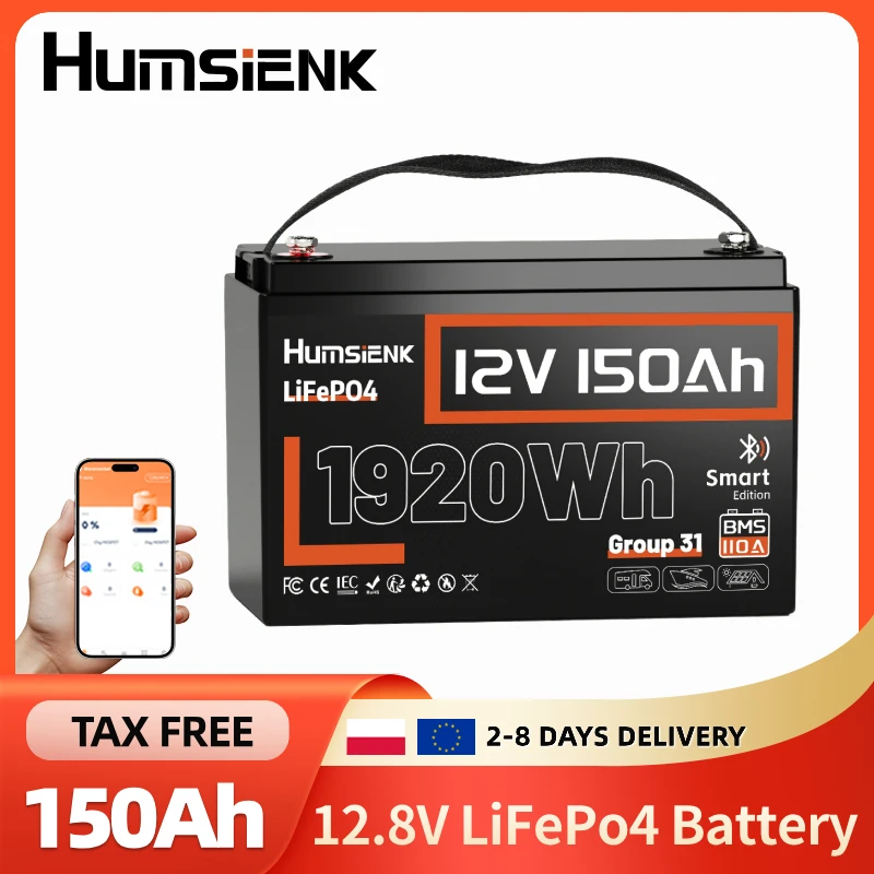 Image of Humsienk 12V 150Ah LiFePO4 Lithium-Batterie mit Bluetooth, 1920Wh Energie, 15000+ Zyklen Wiederaufladbare Leichtgewicht-Lithium-Batterie für Trolling-Motoren, Off-Grid, Boote, Wohnmobile, Solar (12,8V
