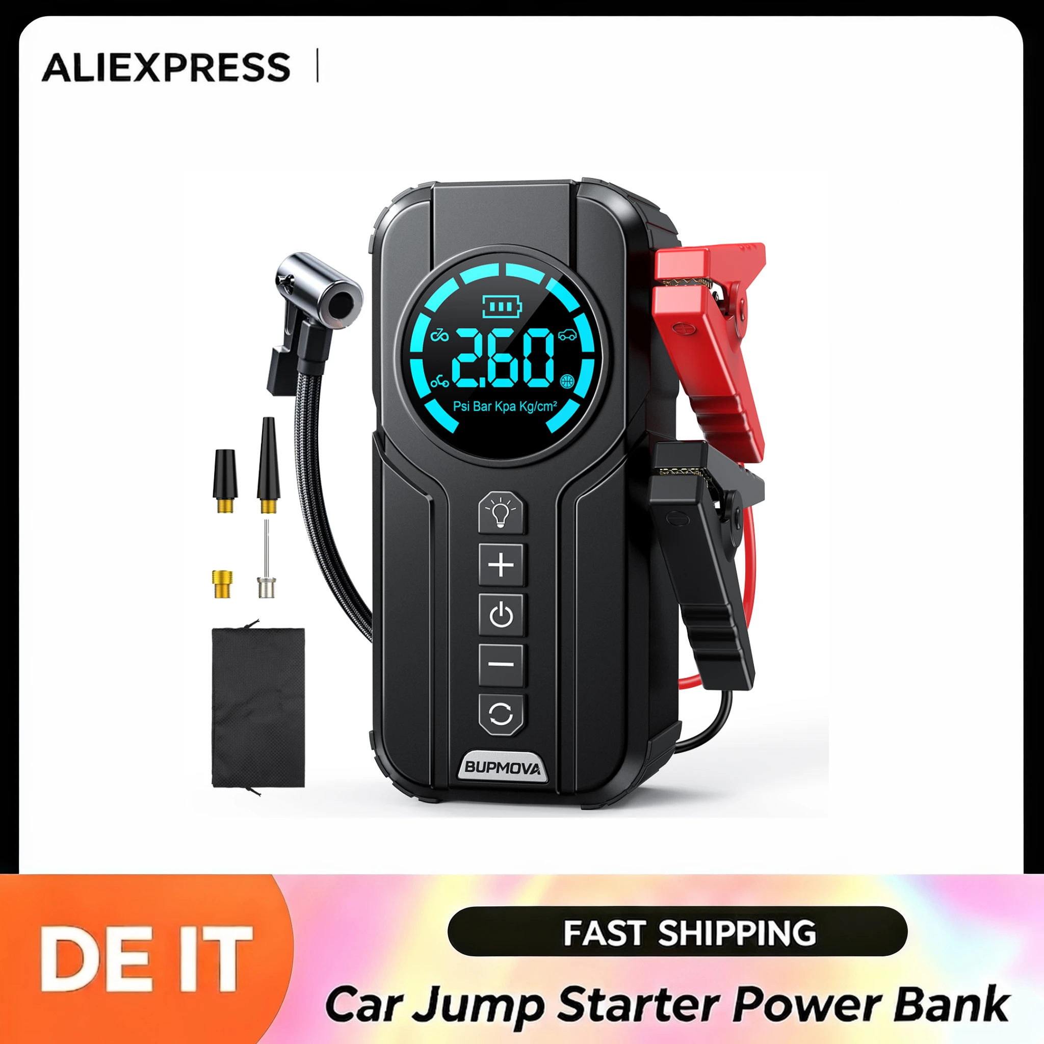Capacità di 21800 mAh, compressore d'aria da 150 PSI e avviatore di emergenza per auto con corrente di picco di 3.000 A, adatto per batterie da 12 V; include cavi di avviamento portatili, display LCD