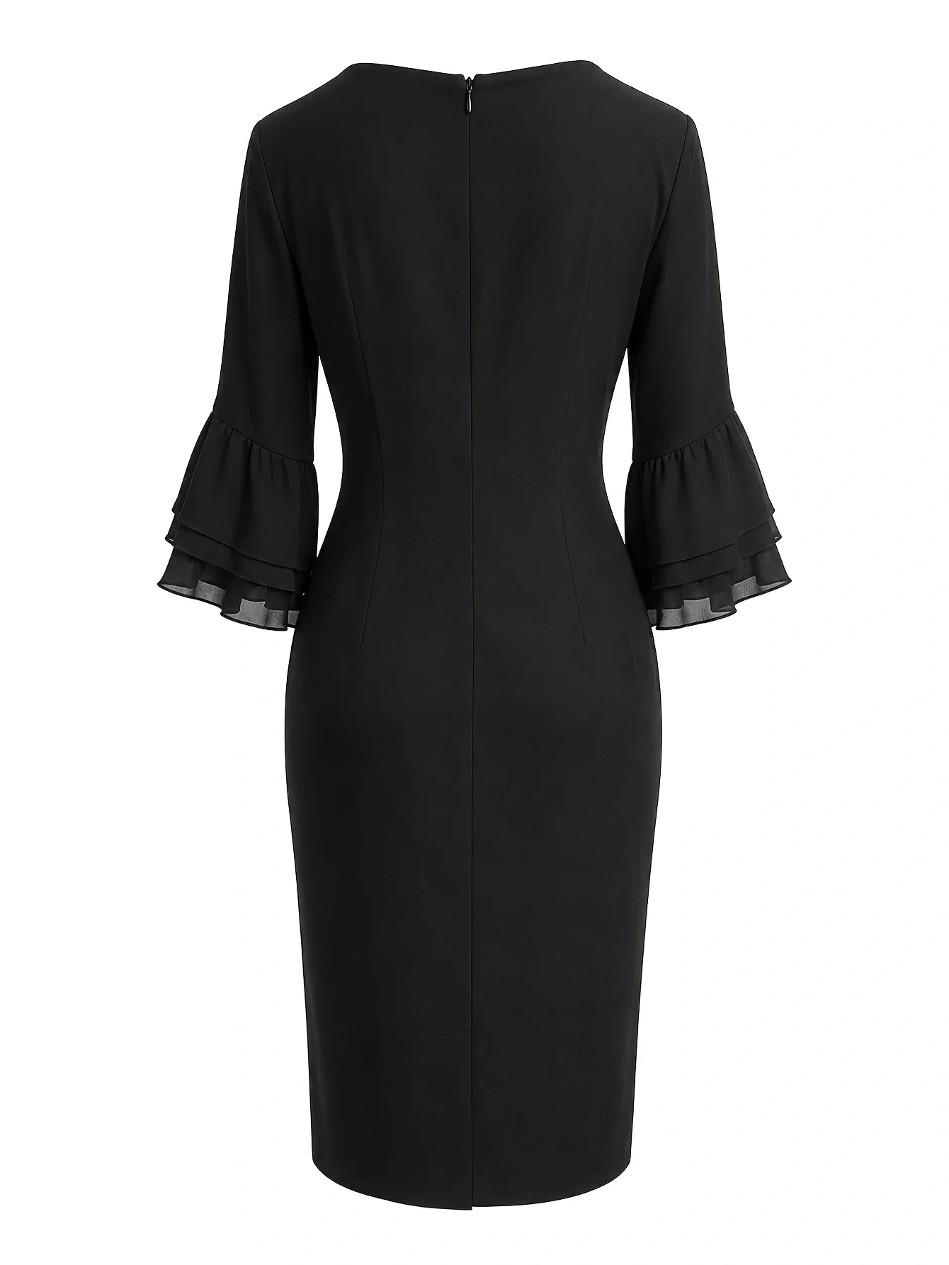 Women Elegant Black Round Neck Layered Flare 3/4 Bell Sleeve Bodycon Knee Length Office Solid Business Casual Pencil Dress