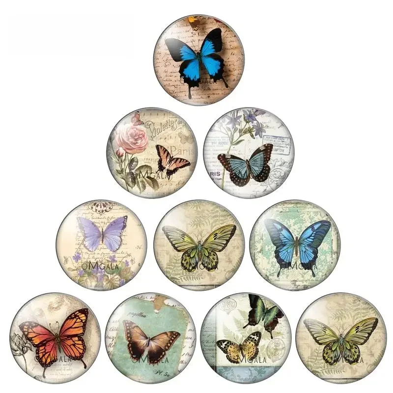 New Beauty Vintage Butterfly 10szt mieszane 12mm/16mm/18mm/25mm Okrągłe zdjęcie szklany kaboszon demo płaski tył Making findings — zdjęcie 2