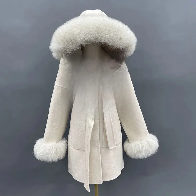 MISSJANEFUR Wollmantel mit echtem Fuchspelzkragen, Manschette, Damenmode, Kaschmirmäntel mit Gürtel, warmer Winter-Graben mit Kapuze, Peacoat