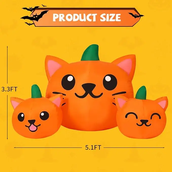 Combinazione di tre teste di gatto zucca gonfiabili di Halloween lunghe 5 piedi con decorazione gonfiabile a LED per feste in giardino in cortile