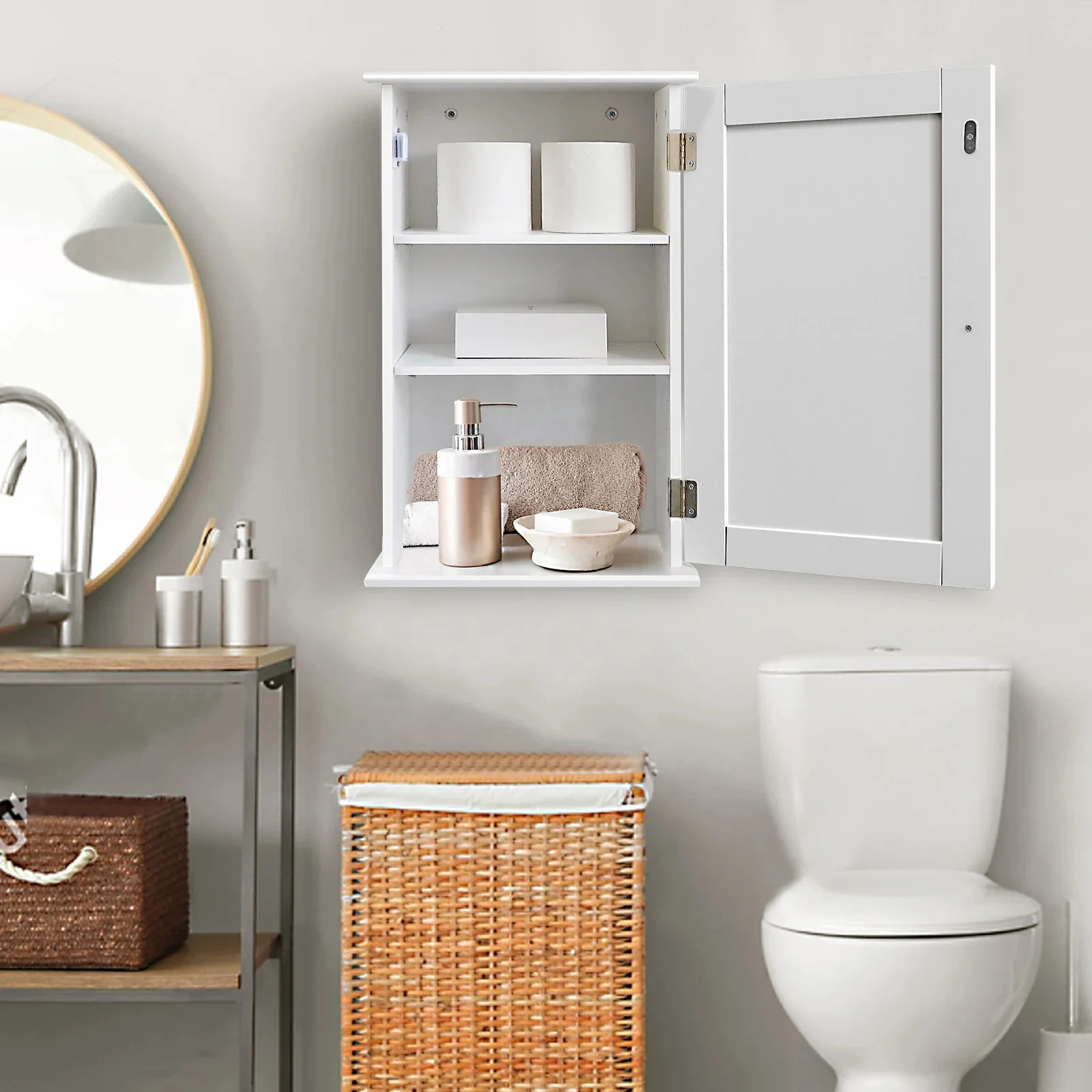 DayPlus Single Door Wall Mounted Bathroom Cabinet, MDF Slim Wall Cabinet Storage Cupboard, Space Saving, Adjustable Shelf, White