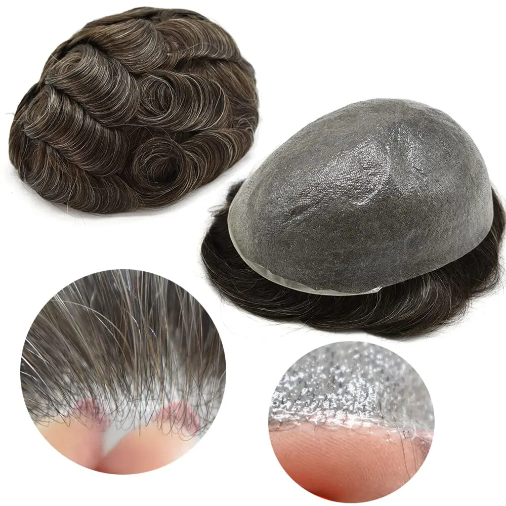 Male Hair Prosthesis 0.08mm Knotless V-loop Pu Toupee Men Durable Wigs For Men 100% Human Hair System Unit Capillary Prosthesis