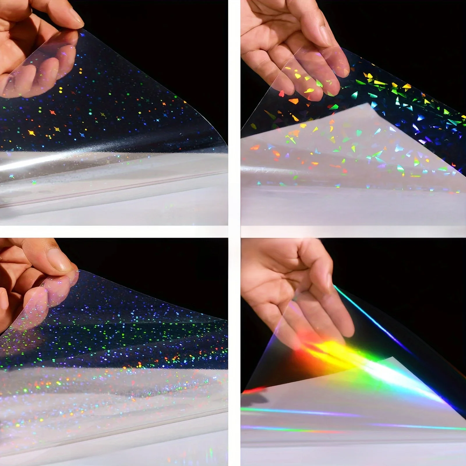 20 arkuszy holograficznego papieru samoprzylepnego PVC, A4 mieszane wzory (tęcza, złamane szkło, gwiazdy, kropki), samoprzylepna laminacja na zimno — zdjęcie 2
