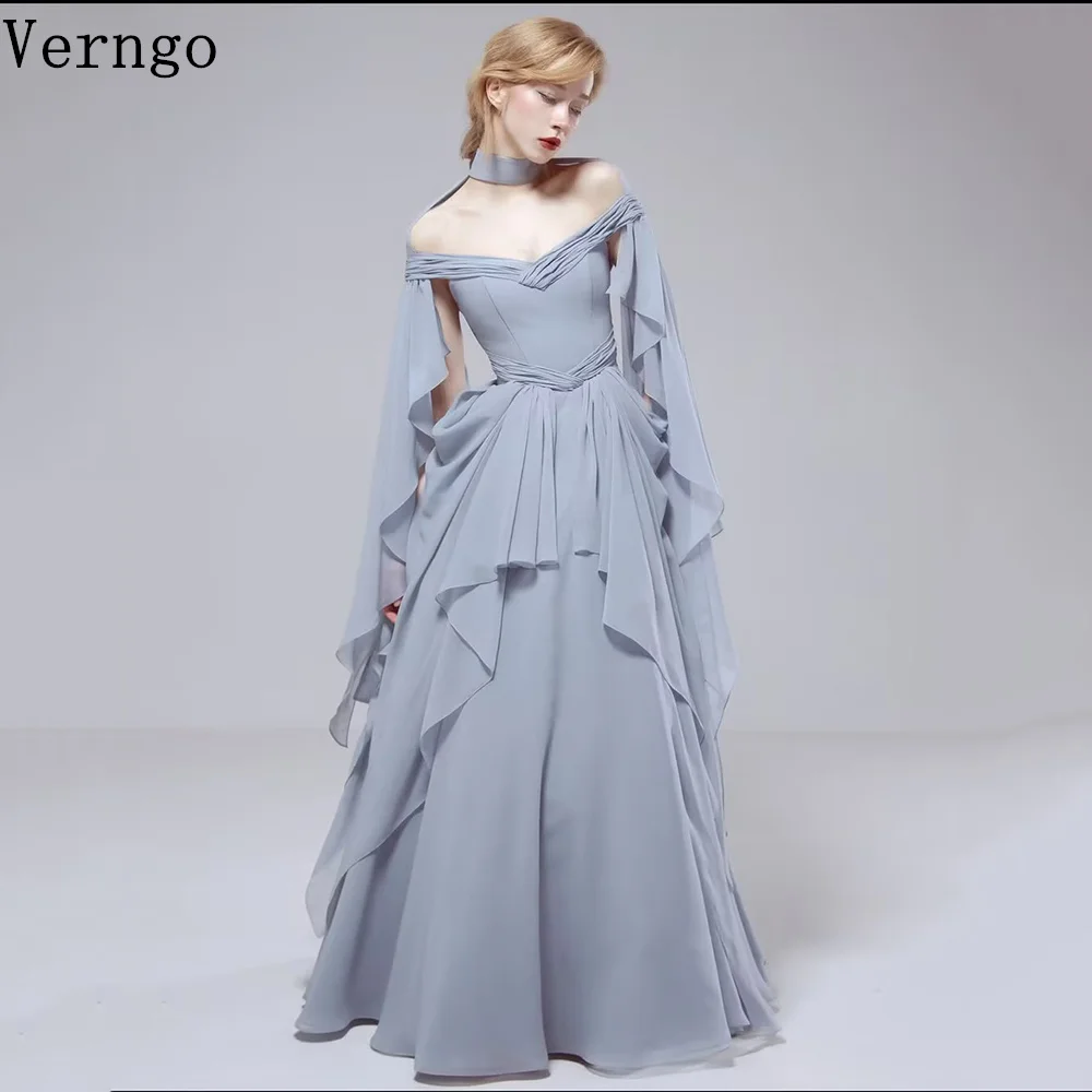 

Verngo Blue Chiffon Evening Dress Off The Shoulder Pleated Wedding Party Dresses Elegant Prom Gown сукняукраїнаCustomized