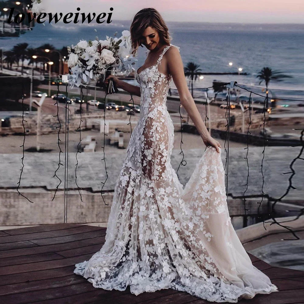 Spaghetti Straps Mermaid Wedding Dress Lace Applique Wedding Gown Boho Flowers Bridal Dress Sweetheart Bridal Gown Vestido Novia