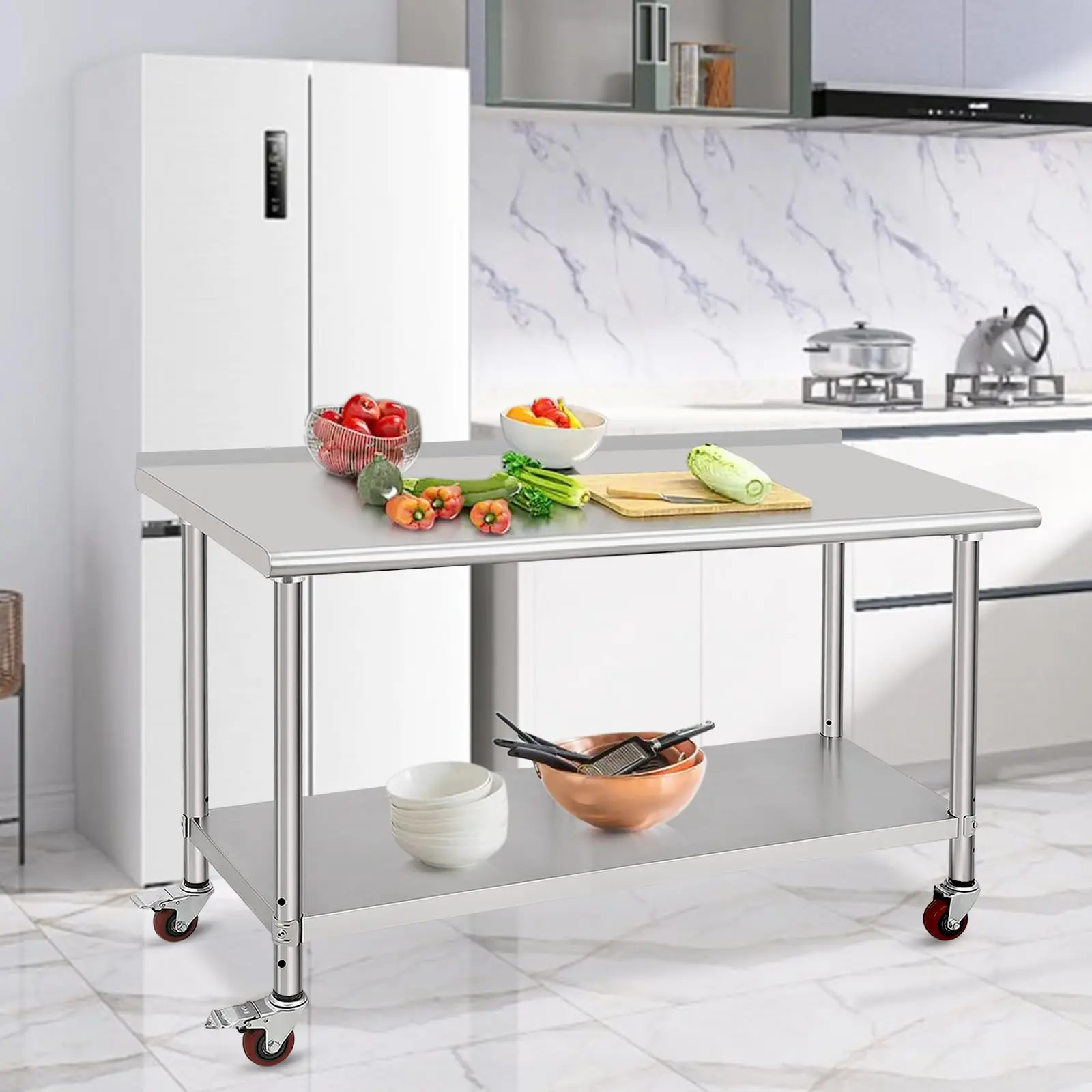 Mesa de trabajo de acero inoxidable, 152×61×89 cm, con ruedas y protector contra salpicaduras, de alta resistencia para uso comercial y en cocinas.