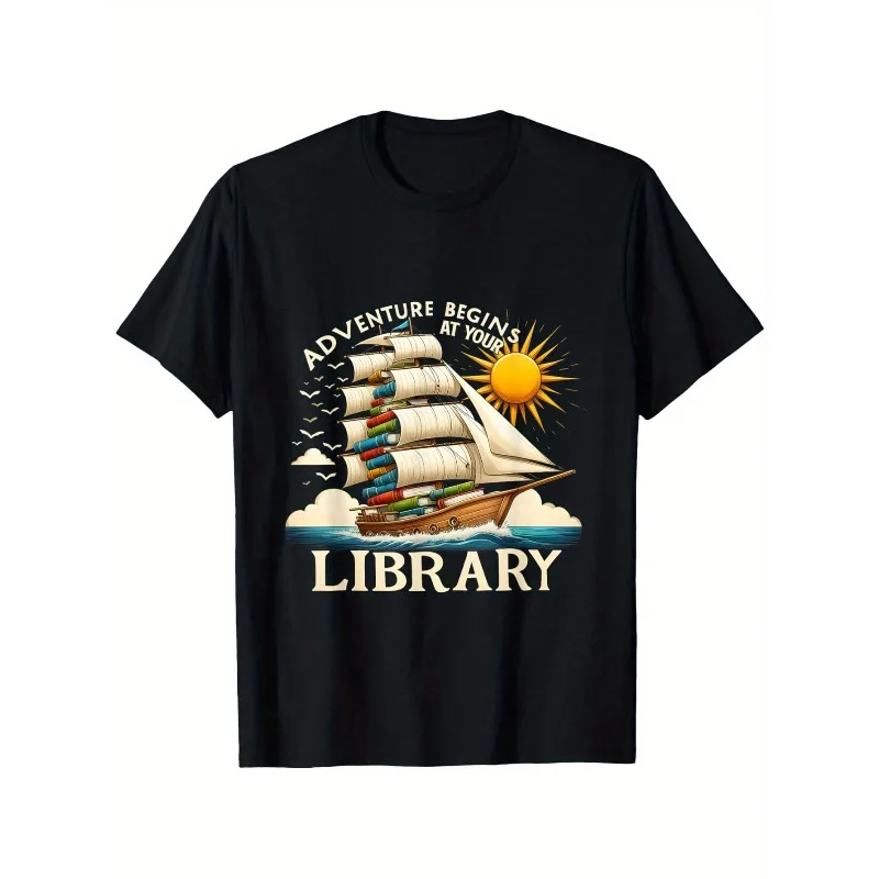 

Adventure Begins at Your Library Unisex Book Lover T-Shirt Casual Round Neck Pure Cotton Graphic Print Design Comfortable Tee