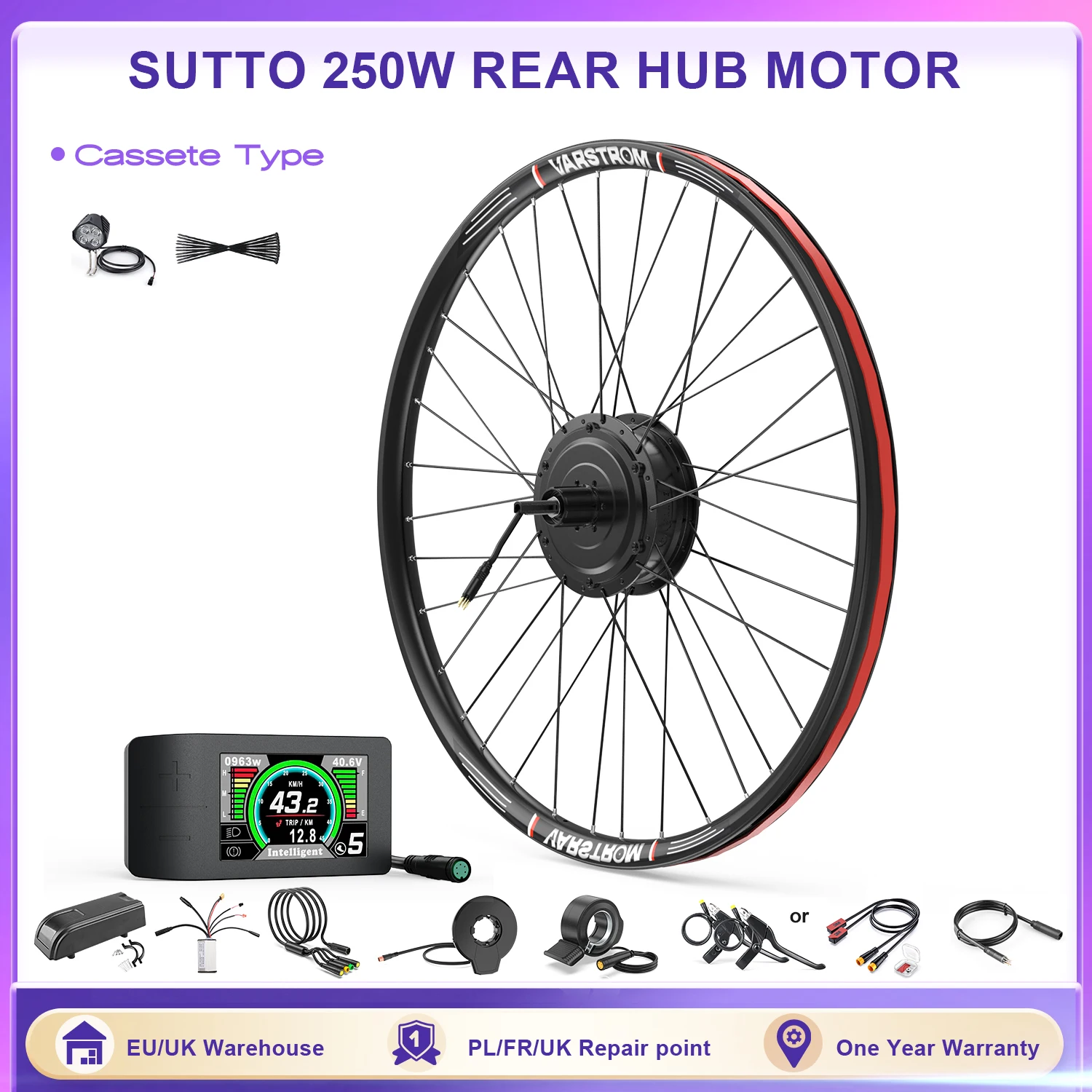 SUTTO 250W Rear Wheel Motor Kit Electric Bicycle Conversion Kits 36V Hub Motor Kit For Cassette Type Disc Brake With LCD Display