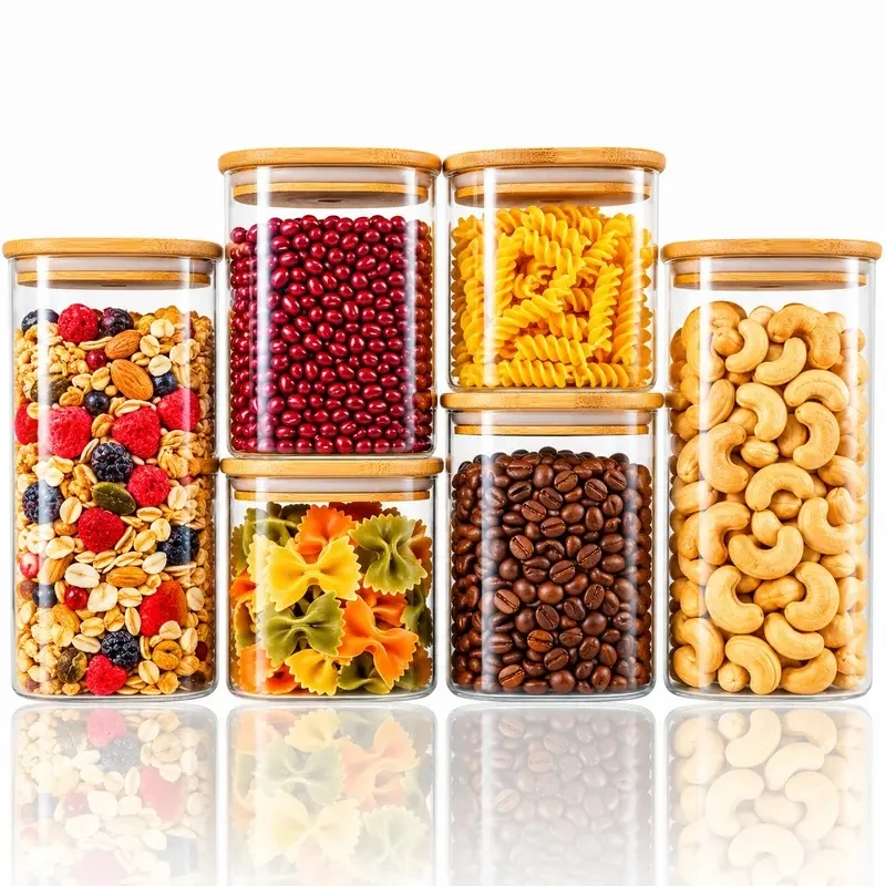 Set of 6 Square Borosilicate Glass Storage Jars with Bamboo Lids, 27/37/51oz Airtight Canisters for Pantry Coffee Flour Spices, Ideal Housewarming & Wedding Gifts