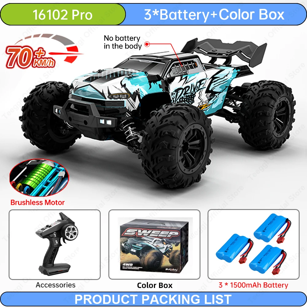 Teeggi 16101/16102 PRO 1:16 Hochgeschwindigkeits-Ferngesteuertes Auto mit LED, 70 km/h, Allradantrieb, professionelles Offroad-Auto, Monstertruck, Geschenkspielzeug