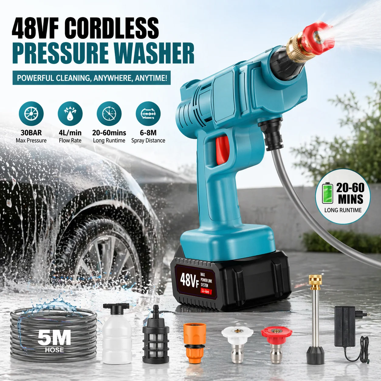 Pistolet de lavage haute pression sans fil, pistolet à eau électrique portable 30BAR 200W avec batterie 2400mAh, plusieurs buses et tuyau de 5M, outil de nettoyage pour voiture, jardin, camping,