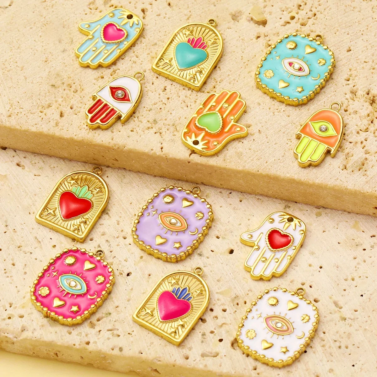 3 pièces/lot en acier inoxydable émail étoile coeur bricolage breloques femme géométrique mauvais œil collier pendentifs Hamsa main bijoux