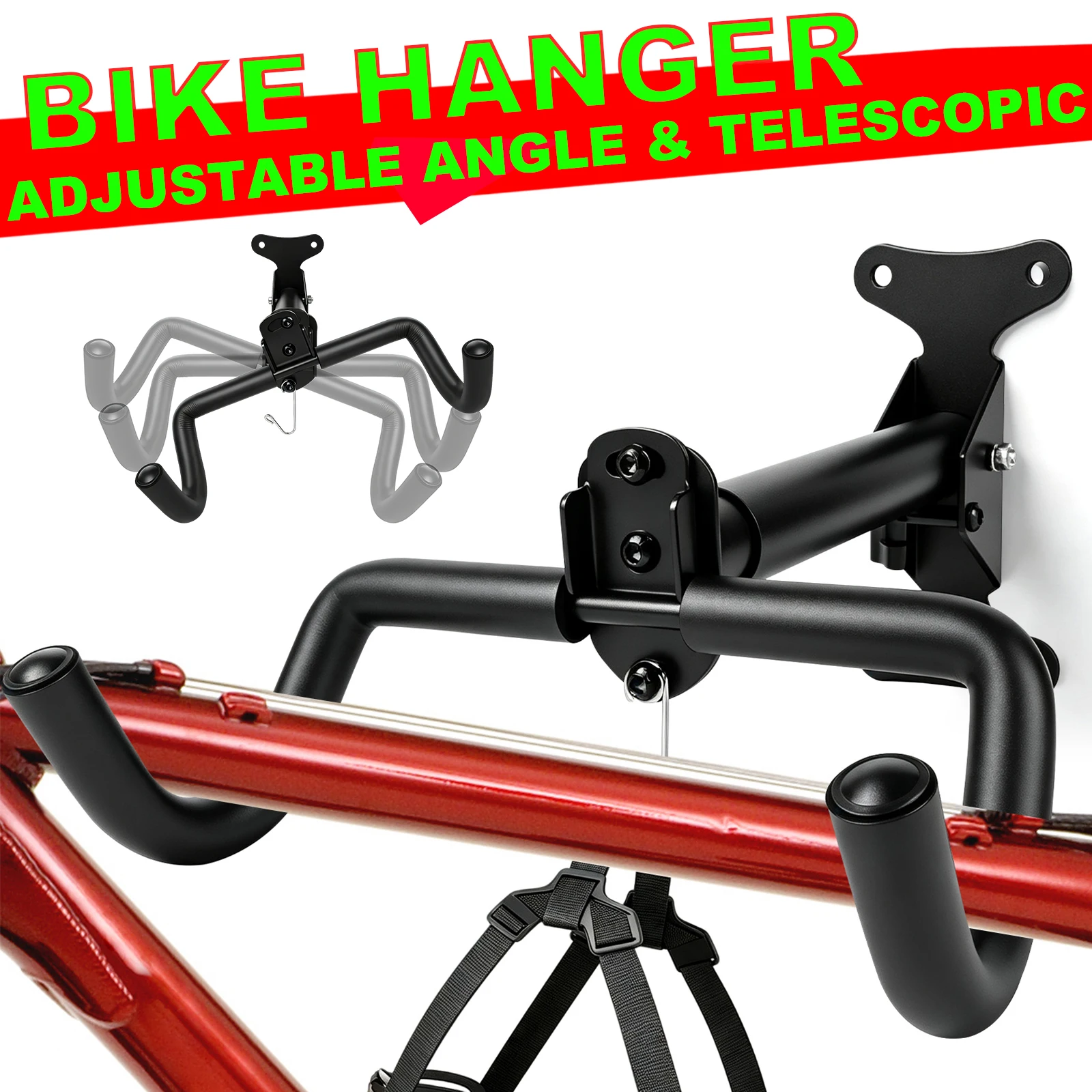 Supporto da parete regolabile per biciclette, pieghevole, per riporre le biciclette, gancio orizzontale da parete per biciclette con supporto per casco, ideale per garage, casa e per organizzare le