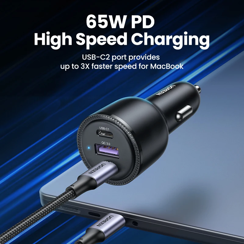 UGREEN 69W Car Charger USB Type C Dual Port PD QC 4.0 3.0 Fast Charging For Laptop Car Phone Charger For iPhone 15 14 13 Samsung