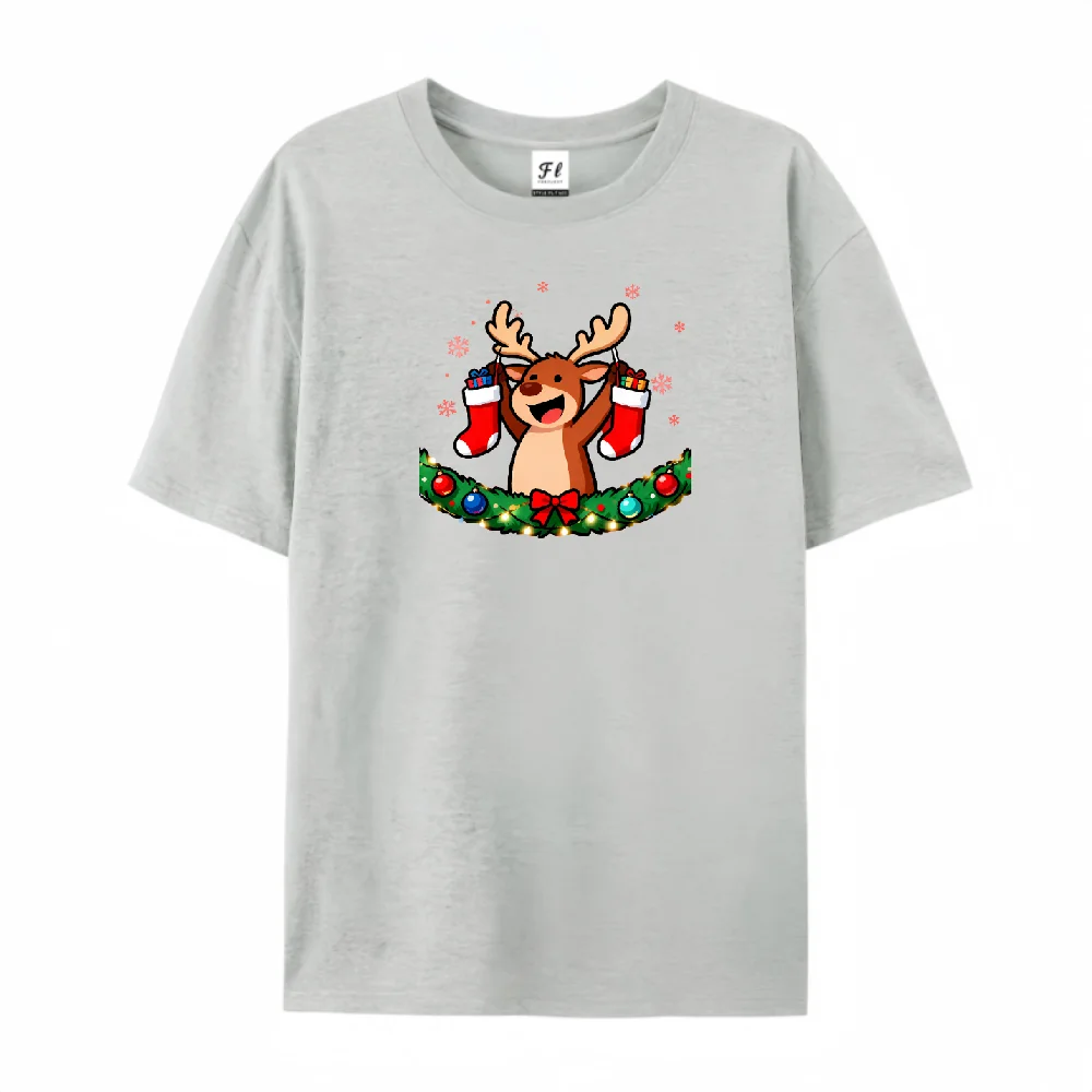 

Festive Christmas Reindeer Design Casual T Shirt Unisex Breathable Lightweight Tee Ideal for Christmas Celebrations Gatherings