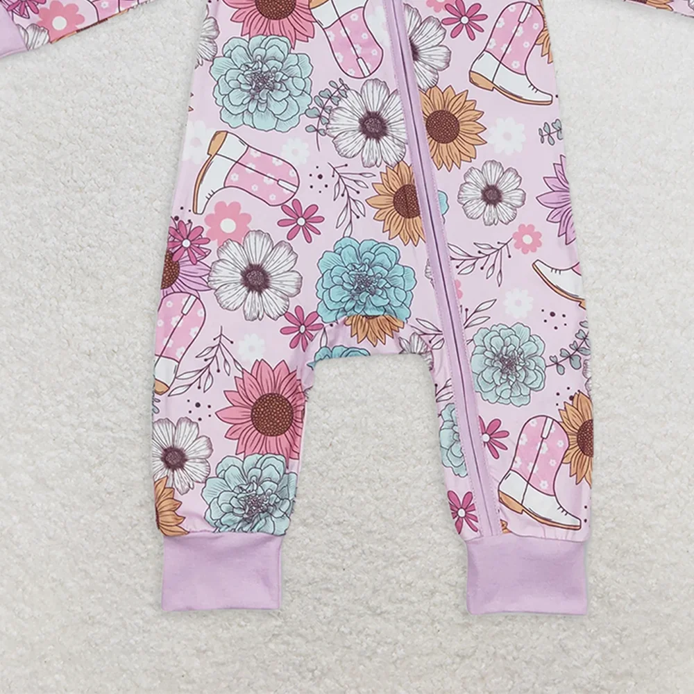 LR0801 Baby Mädchen Winter Strampler Baby Mädchen Rosa Blumen Stiefel Western Langarm Reißverschluss Strampler