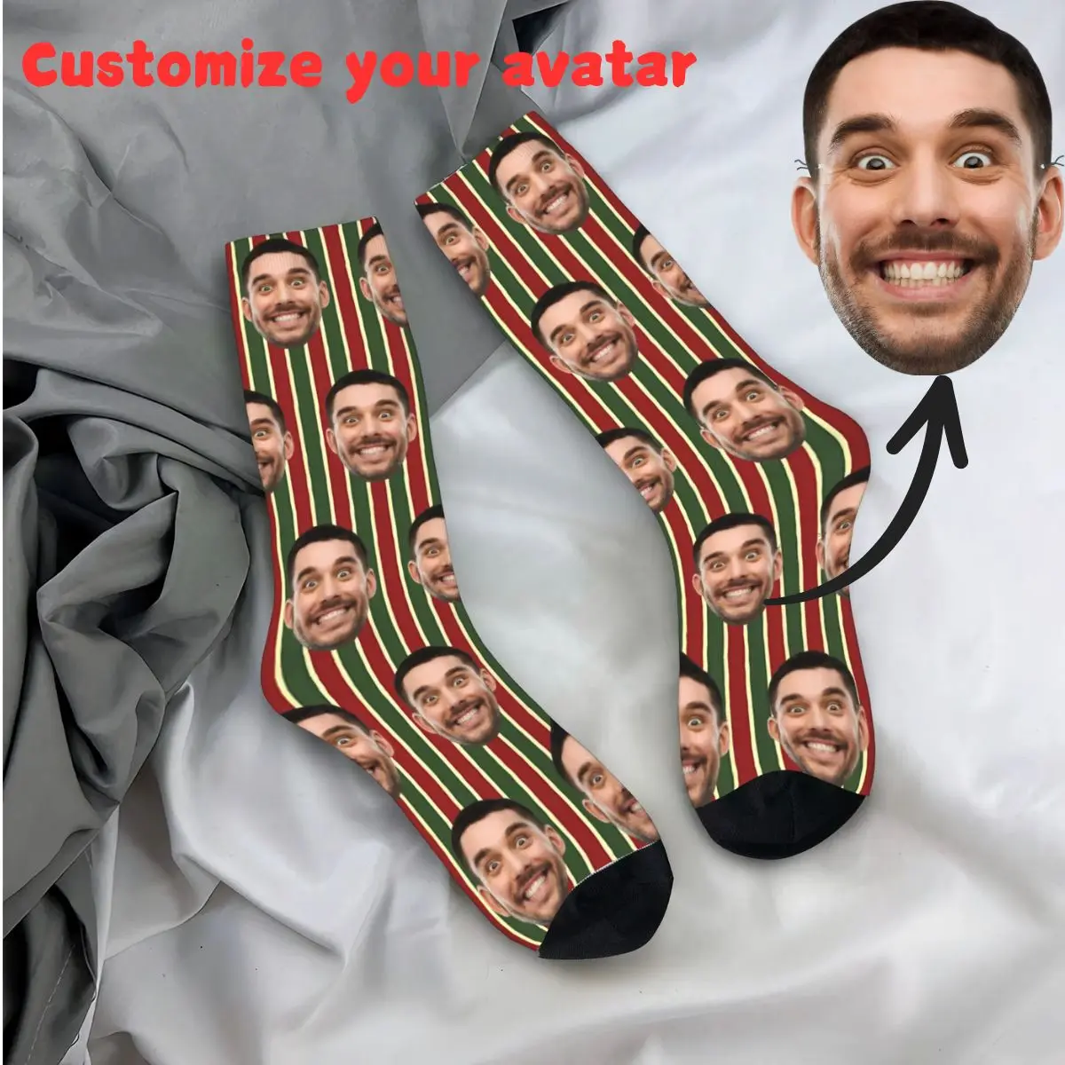 

Unique Present Socks Personalized Christmas Gift Custom Face Xmas Elements Stars Lights Red