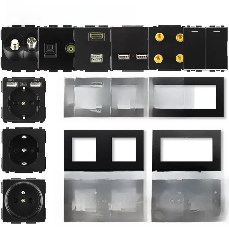 Série S-prise de courant murale USB EU FR interrupteur d'éclairage Type C RJ45 antenne TV Module HDMI cadre bricolage combinaison gratuite plastique noir