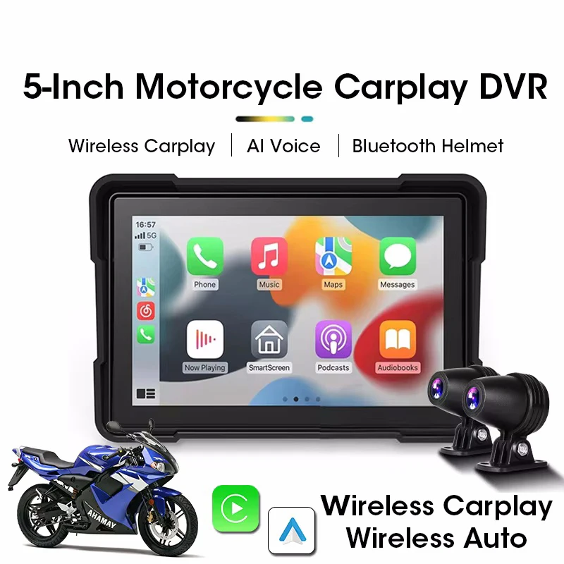 Motorcycle 5 Inch DVR wearable Carplay & Android Auto IPX7 Front Rear Camera Bluetooth Helmet Navigation Display Screen Portable