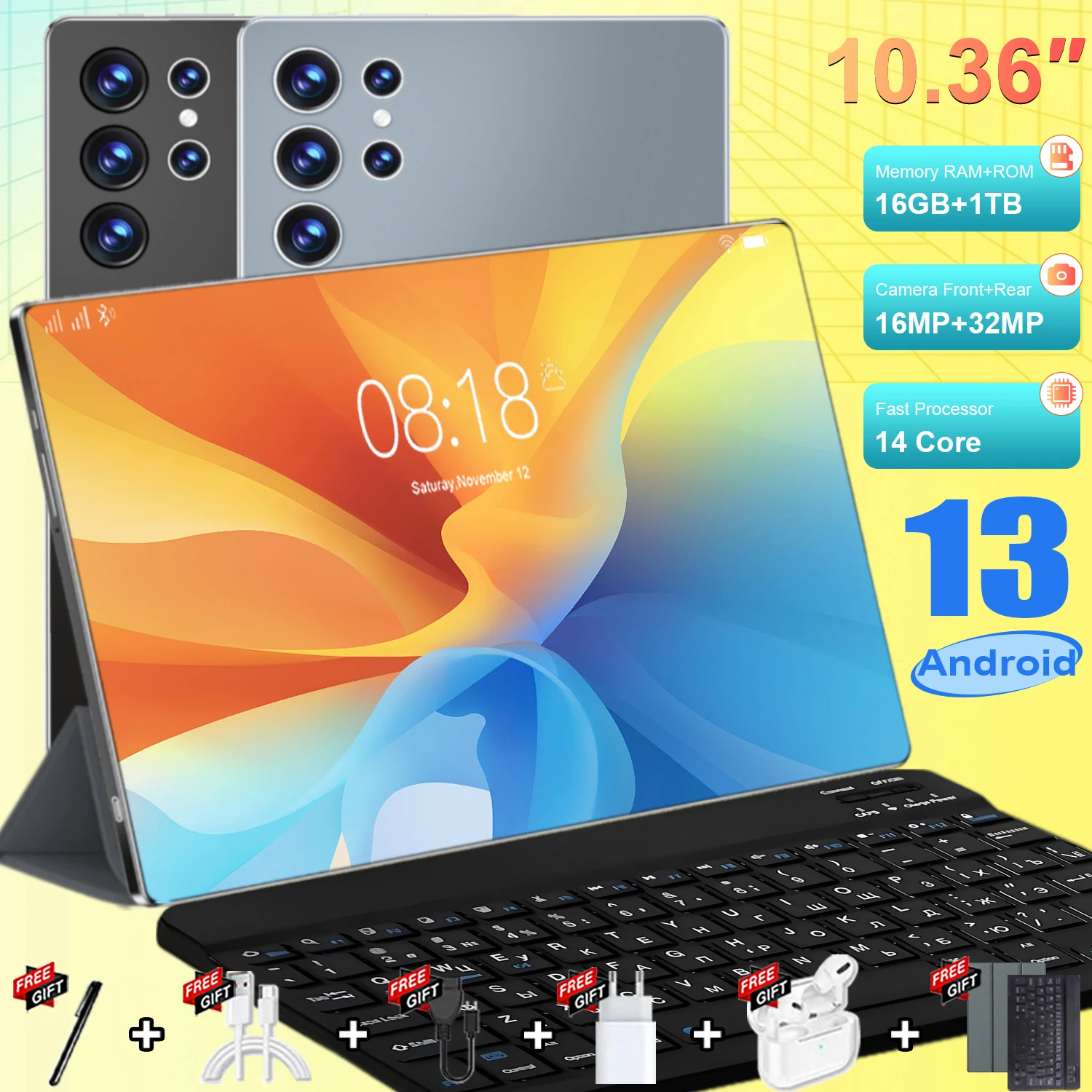 Tablet Nueva Versión Global 2026 de 20000mAh, 16GB+1T, Pantalla HD 4K de 10.36 Pulgadas, Android 13, 5G, Doble SIM, Llamadas Telefónicas, WiFi, GPS, WPS