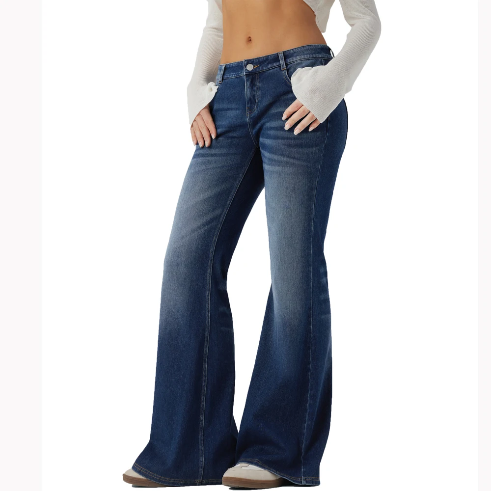 Shascullfites Low Rise Flare Jeans Dunkelblau Gewaschen Lässige Jeans mit Taschen Stretch Slim Fit Damenhose – Detail 3