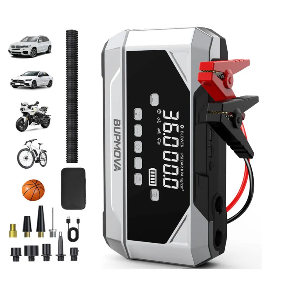 Starthilfe mit Luftkompressor, Autobatterie-PD45W-Ladegerät, Starthilfe, 150Psi-Luftpumpe, multifunktionaler Reifenfüller, Powerbank, Beleuchtung für das Auto, 600 Lumen Taschenlampe,