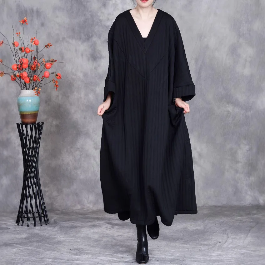 

Autumn/Winter Dress V-neck Long Sleeve Loose Thick Solid Color Long Dress