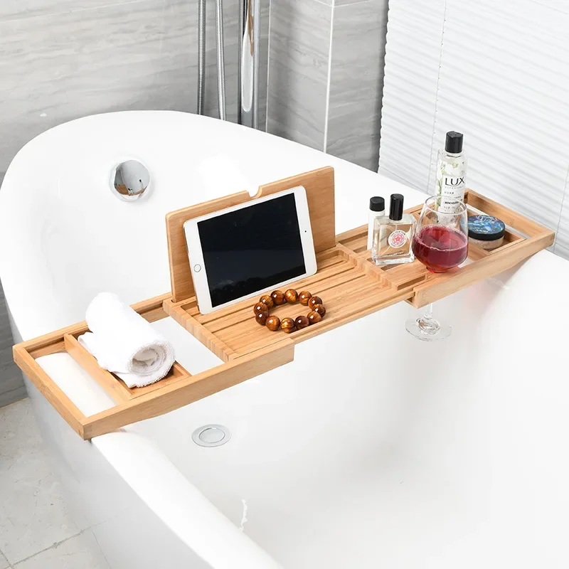 Extendable Spa Bathtub Bamboo Bathtub Tray Caddy Organizer Rack Book Wine Tablet Holder Nonslip Bottom Bath Tub Tray Shelf