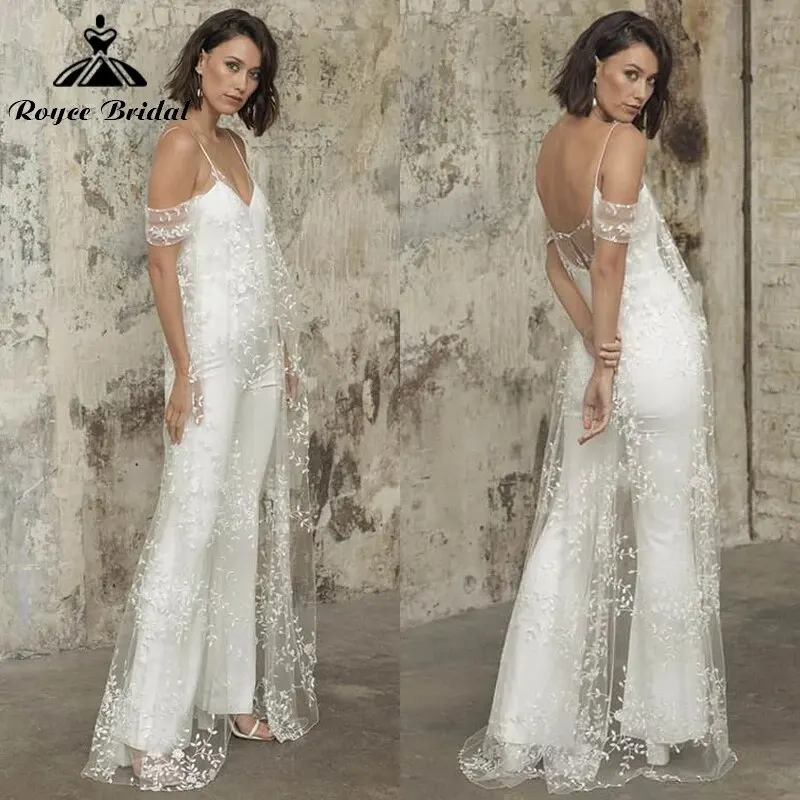 Simple V-neck Sexy Spaghetti Straps Lace Ankle Length Jumpsuits Wedding Dresses Bridal Gowns Outfit With Jacket Beach Pant Suit