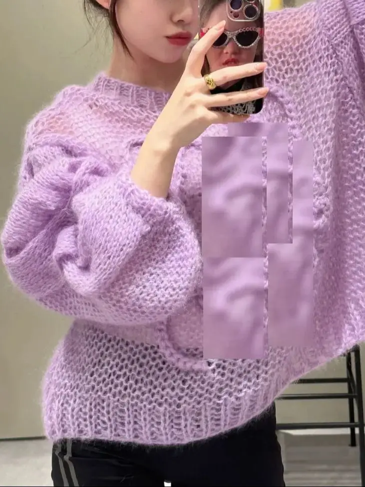 Winter Oversized Knitted Pullover Women Casual Crew Neck Solid Purple Twisted Long Sleeve Casual Tops Lady Mohair Sweater