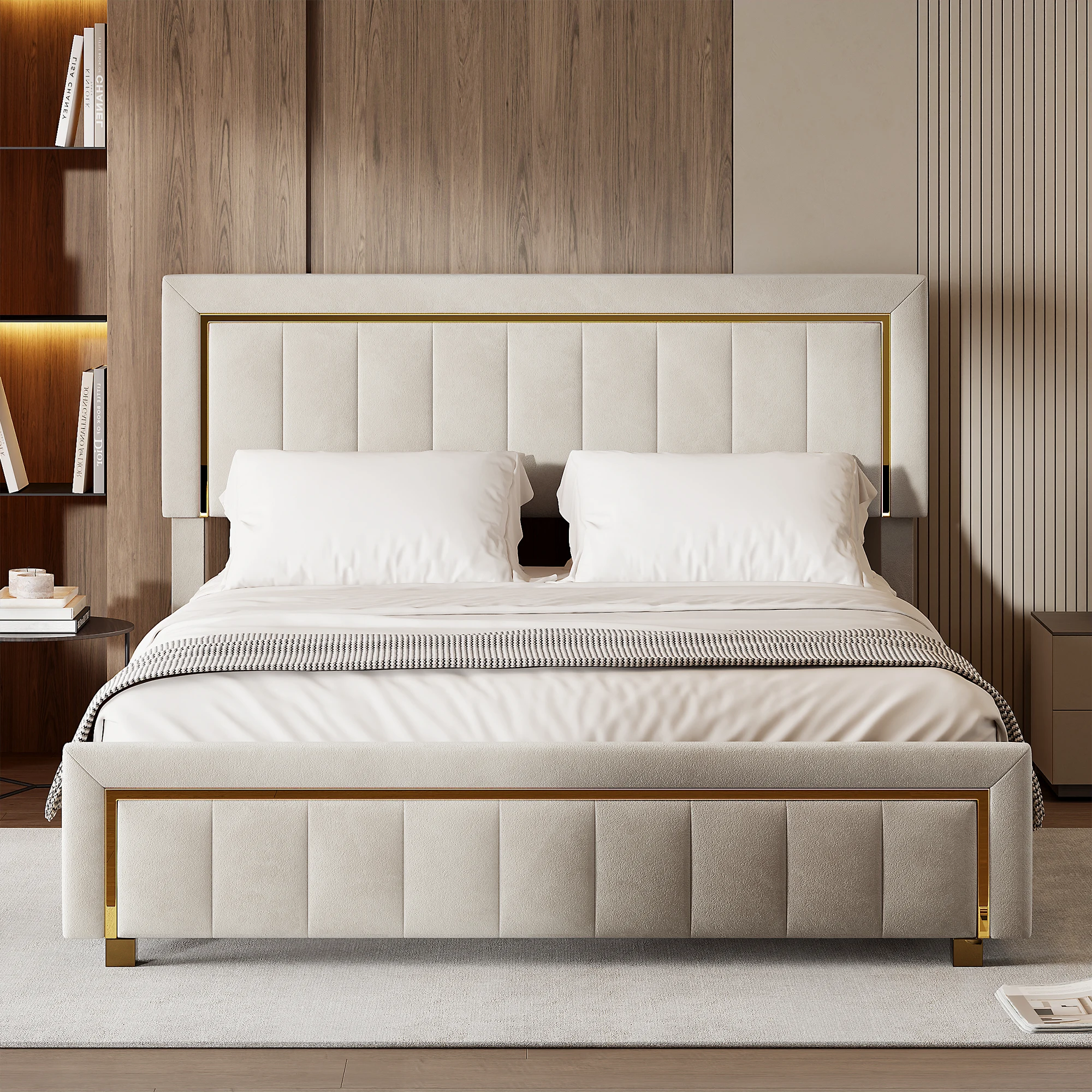 Cómoda 140/160x200, cama doble de almacenamiento hidráulico, estructura de cama Pity con somier y cabecero de cama, franela