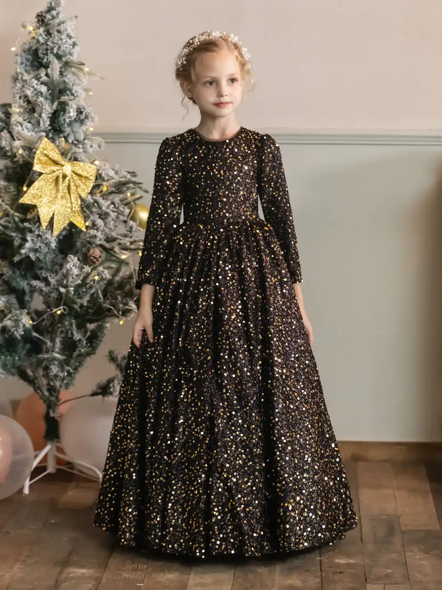 Crew Neck Velvet Sequins Flower Girl Dresses Long Sleeves For Wedding and Birthday Party Dress